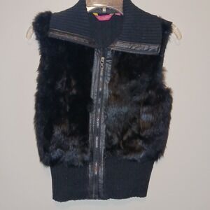 Vintage Black Rabbit Fur Knit Collar Sweater Vest Womens Jennyfer J Fashion